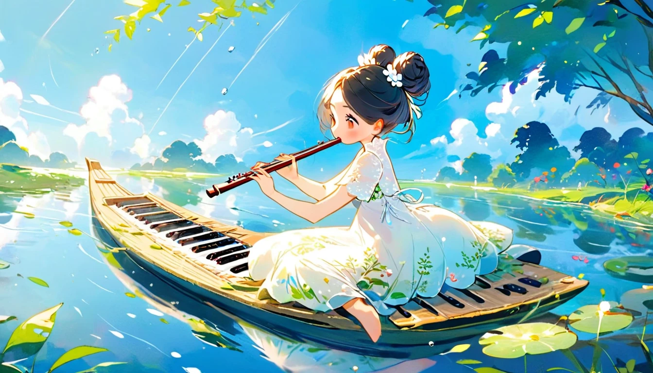 ((masterpiece))), (((best quality))), ((super detailed)), (highly detailed computer illustration), ((extremely delicate and beautiful)),  long raft with,
1girl, tree, solo, water, instrument, sitting, outdoors, black hair, chinese clothes, dress, white dress, hair bun, reflection, sky, scenery, holding, playing instrument, short hair, flute, ripples, branch, day,
(Real waterRealistic waterflowing water:1.0)ripples
