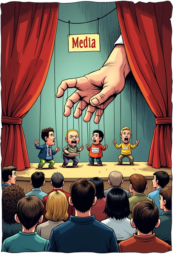 Create an editorial cartoon about media.
The cartoon features a large hand labeled "Media" controlling a puppet show on a small stage. The puppets are shaped like people with exaggerated facial expressions—some are angry, some are scared, and others are excited. The hand is pulling the strings, making the puppets react in over-the-top ways. In the audience, a group of people are watching the puppet show with wide eyes, fully engrossed in the drama unfolding on stage. They don’t notice that behind the curtain, the hand is manipulating everything they see. Make it in landscape orientation.