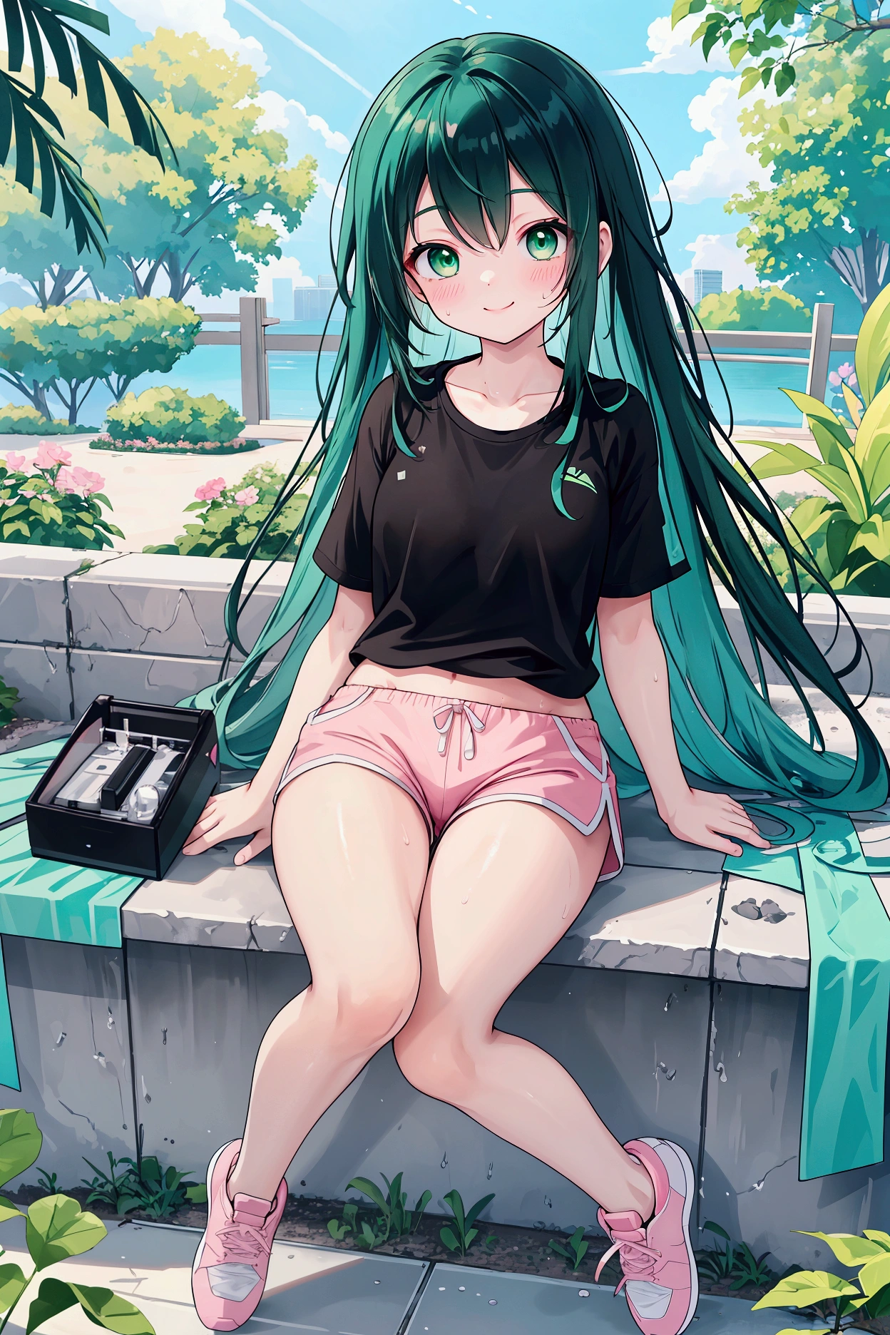 Highest quality,Unity 8k wallpaper,1peopleの,1people,,Glamorous Body,cute,smile,Emerald green eyes,Black Hair,long hair,Whole body,front,White T-shirt,Pink shorts,Radio gymnastics,sports,Aqua blue training shoes,Sweaty,Summer atmosphere,Wide々and garden,
