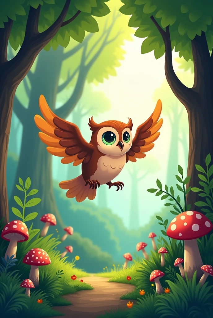 Owl flying in the forest, cartoons 