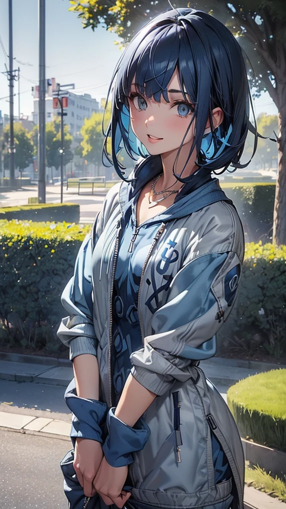 1girl, bangs, (dark blue hair:1.4), multicolored hair, necklace, parted lips, (light grey eyes:1.3), grey irises, short hair, smile, solo, (blue hoodie: 1.2), (grey sweatpants), park background, bright blue sky, grassy background, trees background, hoodie jacket, (blue clothing: 2)
