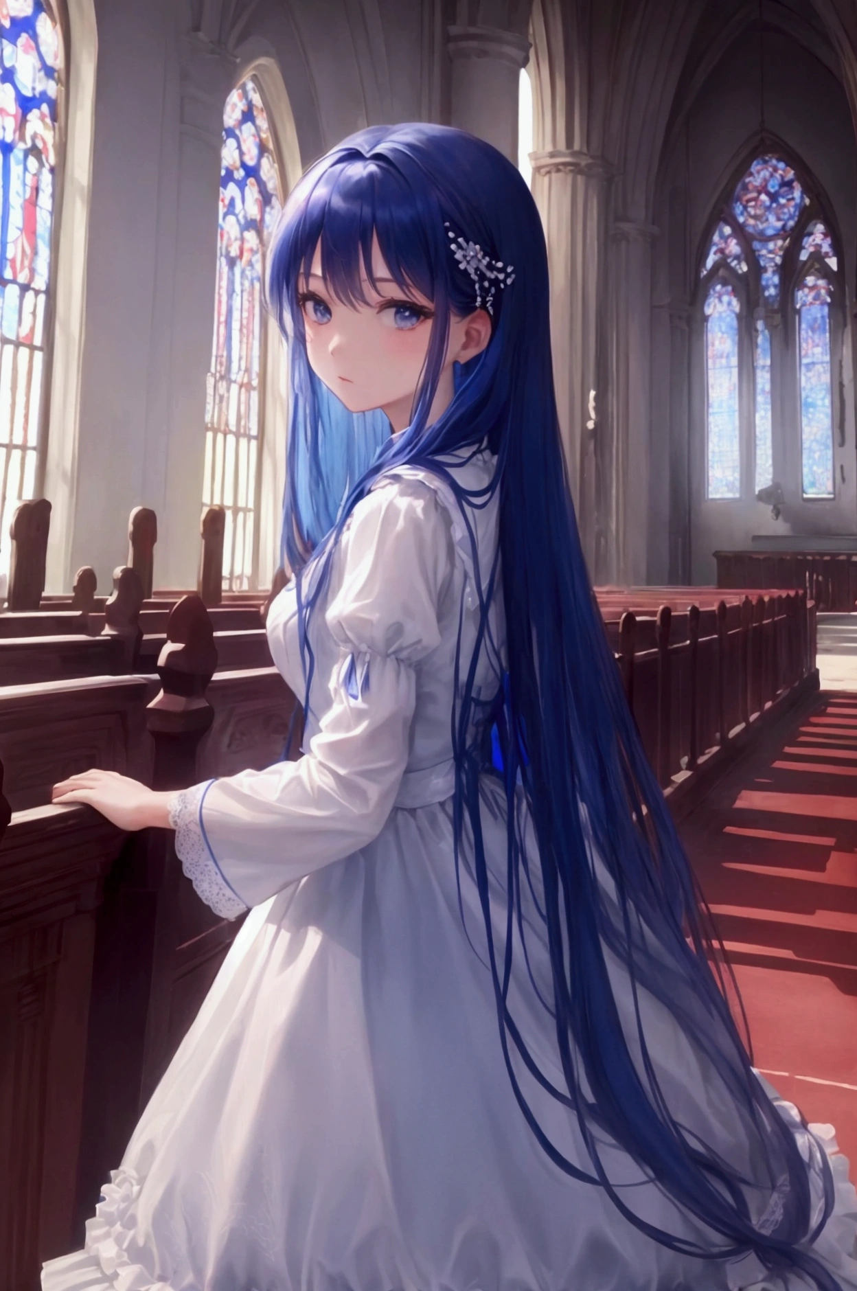 Masterpiece、Blue Hair、Long Hair、dress、Inside the church、Posed looking back