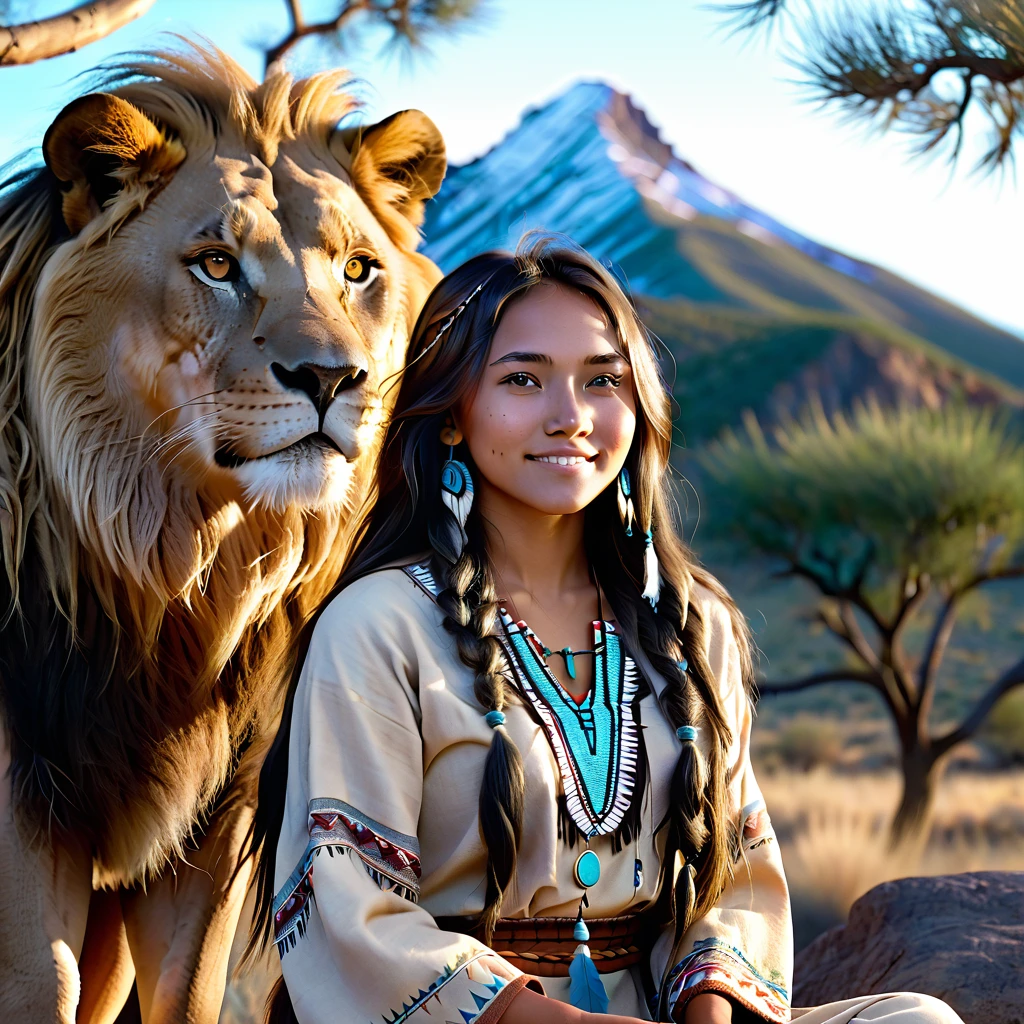 (grainy:0.5), cinematic, beautiful girl 25 year old,native american,fantasy,(solo:1.3), detailed eyes, detailed face, detailed native american clothing , volumetric lighting, dusk, extremely detailed background, standing next to tree and mountain, smiling, half closed eyes, tilted head, from side, sitting next to her lion