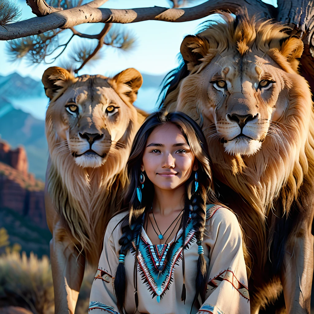 (grainy:0.5), cinematic, beautiful girl 25 year old,native american,fantasy,(solo:1.3), detailed eyes, detailed face, detailed native american clothing , volumetric lighting, dusk, extremely detailed background, standing next to tree and mountain, smiling, half closed eyes, tilted head, from side, sitting next to her lion