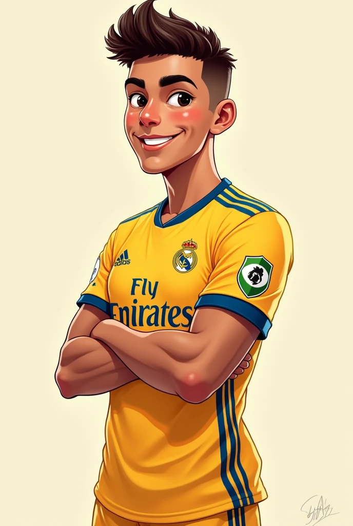 A thin, brown-skinned young man with defined muscles wearing a cartoon-style Real Madrid uniform, with curly hair and a good haircut. 