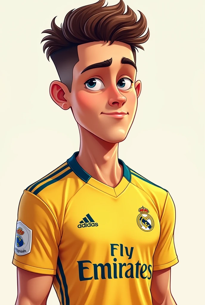 A thin, brown-skinned young man with defined muscles wearing a cartoon-style Real Madrid uniform, with curly hair and a good haircut.