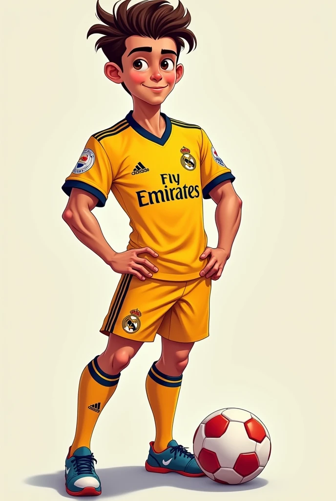 A thin, brown-skinned young man with defined muscles wearing a cartoon-style Real Madrid uniform, with curly hair and a good haircut.