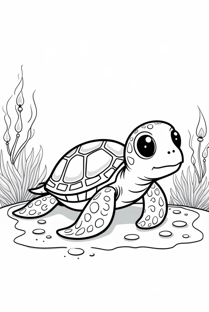 Black and White Outline Art for Kids, Sea Turtle Coloring Book Page, Coloring Page for Kids, Full White, Kids Style, White Background Full Body, (((((white background))))) , use only outline, cartoon style, line art, coloring book, clean line art, white background. sea ​​turtle on its side, big eyes, seabed with torches and anemones, white background, clean line, for coloring, children's ebook





