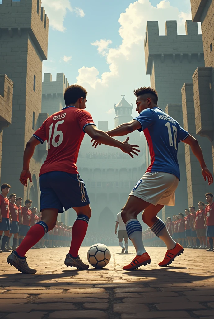 Ronald Araujò having a duel with Kylian Mbappé in the medieval era.