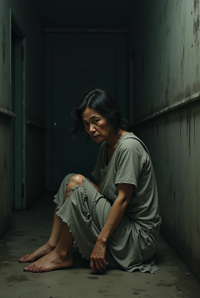 A 40-year-old female prisoner Southeast Asian prison Japanese Disheveled Hair Age spots freckles Dirty soles Torn gray dress Dirt soaked Sweaty Sitting in a dark cell