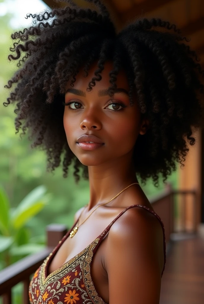 "Create a highly realistic image of Ayana, a young woman with deep brown skin and natural, voluminous curly hair styled in a tight, defined afro. Her hair is dense, textured, and slightly frizzy at the edges. She has large, expressive eyes with natural, slightly arched eyebrows that frame her face. Her nose is delicately shaped, and she has full, natural lips with a subtle, natural sheen. Ayana is wearing a sleeveless top with intricate, elegant patterns that add texture and contrast. The lighting is natural, casting soft shadows that highlight the contours of her face, giving a warm glow to her skin. The background includes blurred greenery and a wooden structure, with a focus on her face and hair. Emphasize skin texture, hair details, and the interplay of light and shadow to enhance realism and closely match her original appearance."