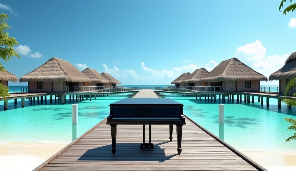 A black grand piano in natural light、Shows a wooden pier leading to thatched roof overwater bungalows。The sky is clear and there are few clouds、The sea is a vibrant turquoise color。This setting is、Interesting for its quiet and picturesque quality、Tropical resort、White sand beach can be seen。White clouds in the sky