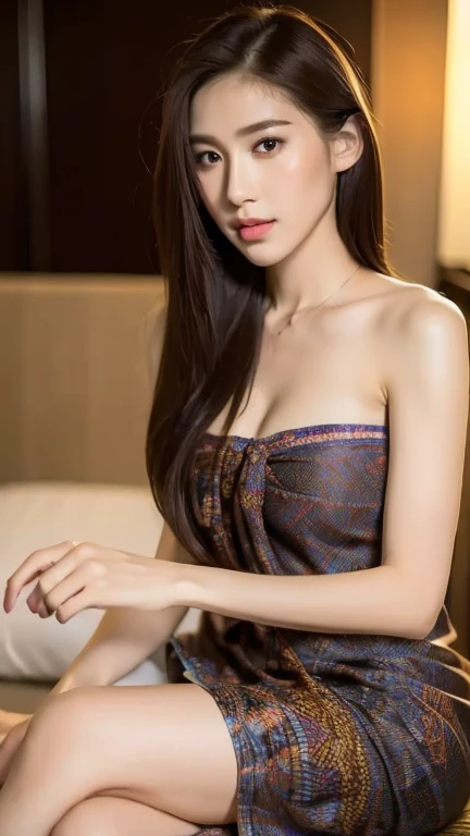 ((Best quality, 8k, Masterpiece :1.3)),   Perfect skinny body,   1girl,   beautiful Indonesian 41 years old MILF with emphasis on slender abs: 1.3,   (long brown hair),   ultra-detailed face,   highly detailed lips,    detailed eyes,   long eyelashes,    make-up face,   lipstick 

((Batik sarong shirt)),    long legs,    sit down,    hotel bedroom, 