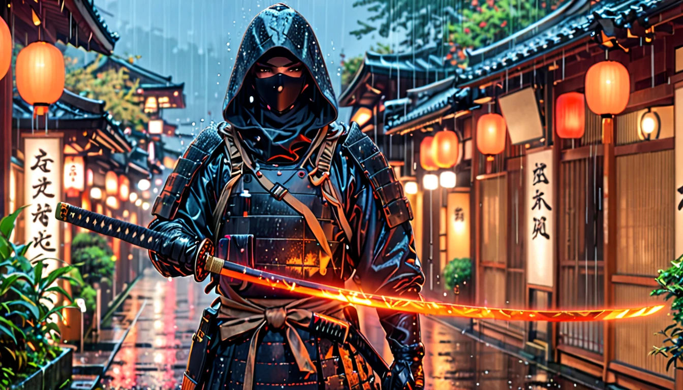 (work of art), (best qualityer), (hires), 1 men, male focus, standing alone, standing alone focus, A man in a dark combat suit, covering your entire body, with a hood and a black mask that covers him up to his nose and he has a Japanese katana in his hands, Kyoto background, rainy atmosphere, cyber enhancements, brown dark eyes, cowboy shot, complete fingers, black gloves, matching boots.