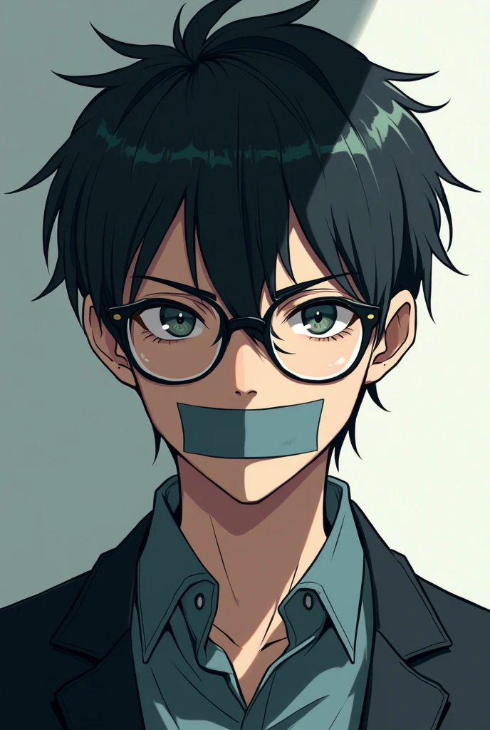 A Japanese anime man with short hair, handsome, wearing glasses, and his mouth taped shut.