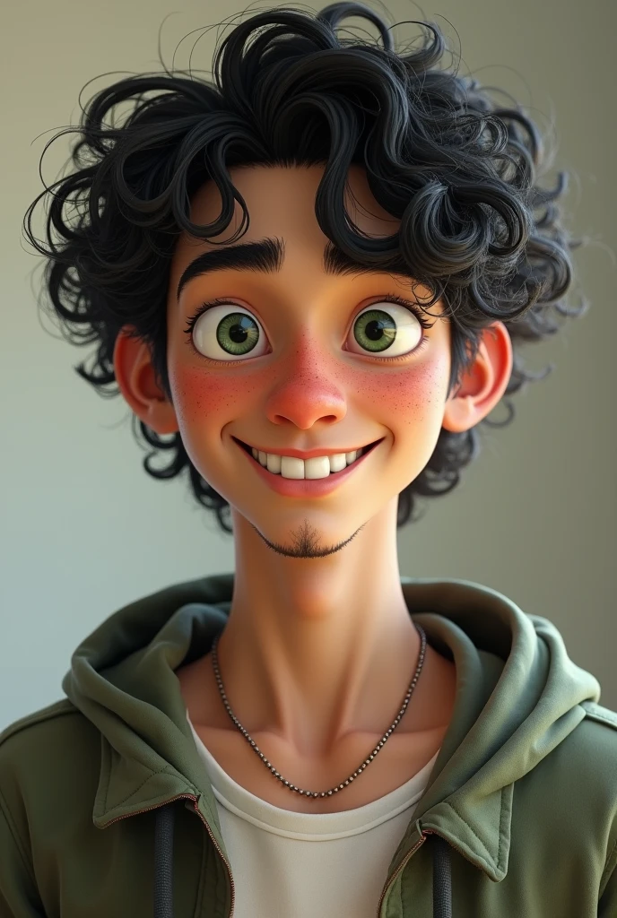  A young man with black curly hair, he has dark green eyes like moss, one with freckles on his nose and a smile on his face.  Simple clothes, thrown together in a haphazard way. He doesn't have a lot of muscle, but he has a well-defined body with a height of 1,69  with scars on his fists, photo realist 