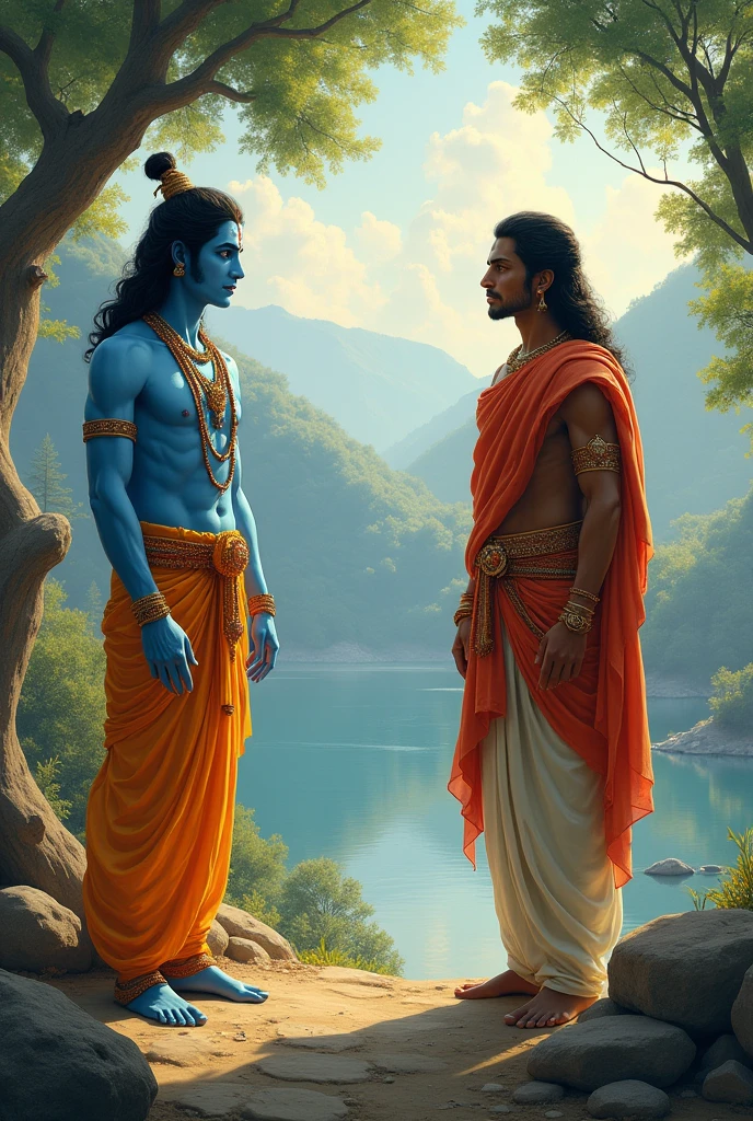 Krishna Expounding on Immortality of the Soul: Depict Krishna talking about the immortality of the soul, with Arjuna listening intently.