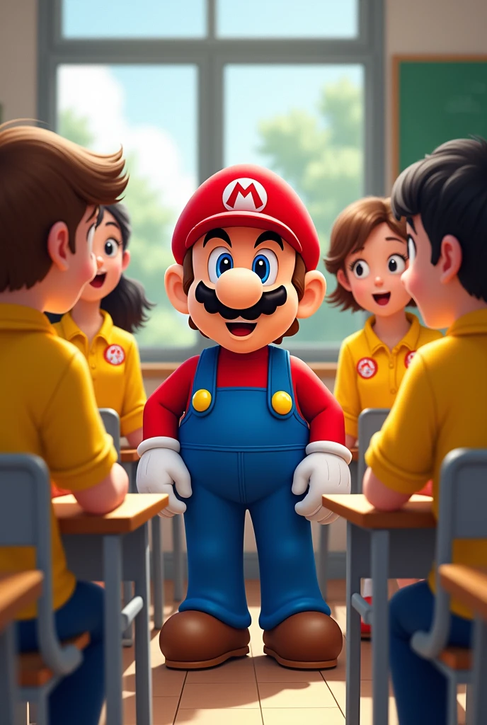 Draw a picture of Mario talking to agers in yellow uniforms in a classroom.
