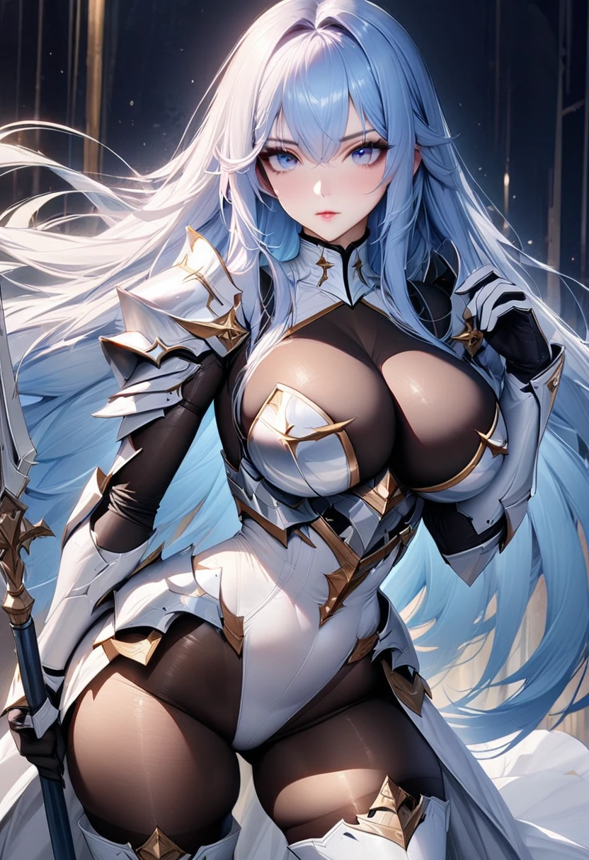 ((highest quality)), ((masterpiece)), ((hyperrealistic)), (solo), 1girl, ((curvy)), ((skindantation: 1.2)), perfect face, ((Azur Lane)), ((armored dress: 1.2)), ((paladin armor)), ((skin-tight high neck white leotard: 1.4)), ((white knight armor breastplate)), ((skin-tight black Investigator Bodystocking)), ((large pauldron)), (long gauntlet gloves), ((light blue hair straight long hair)), ((large breasts that look like they might burst)), ((pantyhose thighs)), (white knee-high boots), ((see through cleavage cutout)), zettai ryouiki, beautiful blue eyes, Perfect hands, perfect fingers, A magical spear decorated with luxurious goldwork., prepare a spear, makeup, sexy pose