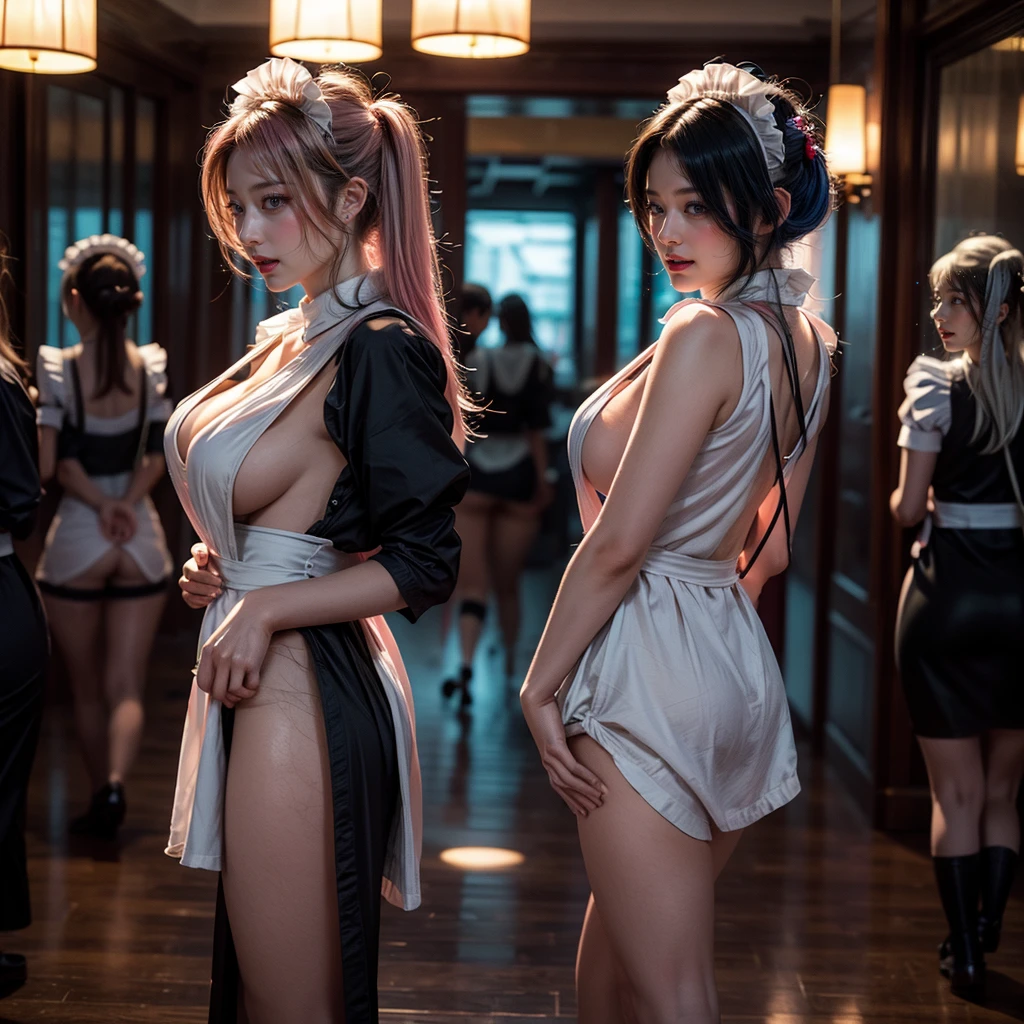 (Full Body of Extremely Detailed((Sexy Maid Group in a row:1.37))), KAWAII perfect face, Reflective Eyes, Detailed(Delicate Clothing textures), Correct Leg Line, Dynamic Joyful Expressions LifeLike Rendering, Specular Reflection, TopQuality 8K Ultra-detailed masterpiece (ProfessionalPhoto:1.37), (Acutance:0.8), (Luminism:1.28), (Renaissance art style), Colorful Light particles, ((Full body from side)), {MicroMini Skirt|Kissing|Breast Lifting|Undressing|Thigh Gap|AssFocus|(NakedApron with Overflowing SideBoob)}, Radiant Fine Skin with Transparency, (Exposed:0.4), (Different types of Anime hair color){Pink Hair|Blue Hair|Platinum Blonde|Pure White Hair|Liquid Hair}, Perfect Lighting