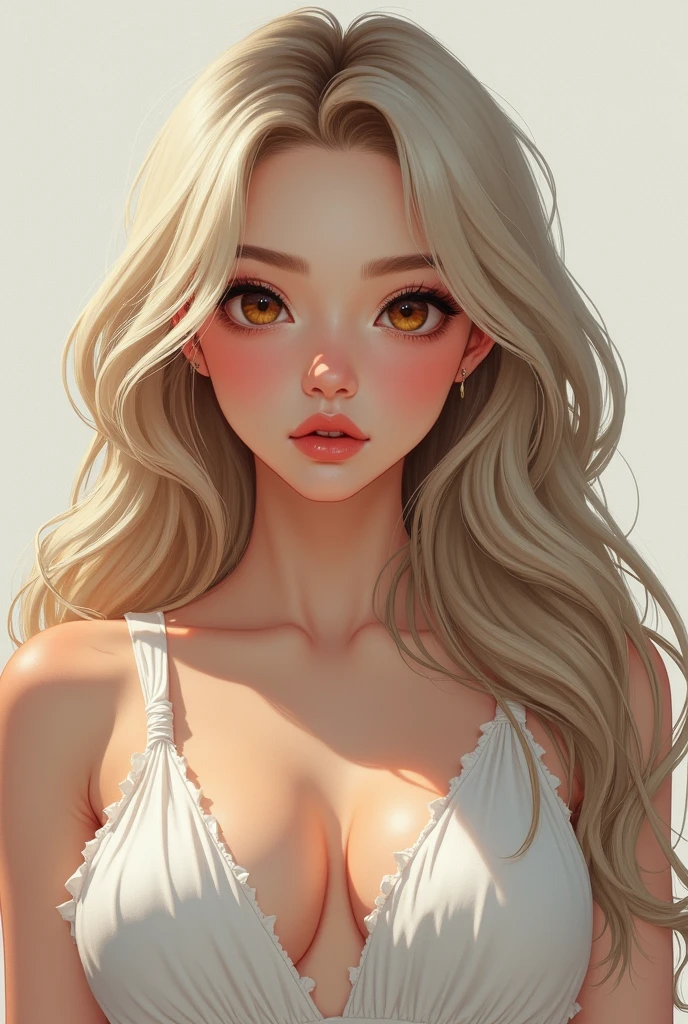 semi realistic, Young woman, porcelain white and soft skin, long wavy ash blonde hair with a lock of white hair, big round honey-colored eyes, small nose, thick lips, round cheeks, short and chubby body, great attributes.