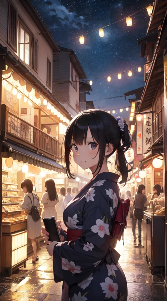 masterpiece、Ultra-detailed、Intricate details、Realistic texture、people体の凹凸、Realistic details、Highest quality、Surrealist works、Women are detailed and realistic、Graphic Arts、shape：浴衣を着た女性2peopleと男性1people、Walking together with a smile、Women wearing colorful yukata with floral and polka dot patterns、Men wear dark blue yukata、There are also accessories such as hair ornaments and lanterns.：Fireworks are set off in the night sky、A lively summer festival with food stalls and lanterns、The impact of being able to feel the crowds and festival atmosphere：花火の色やshapeが違う々Eye-catching、people々The expressions and poses are fun and relatable..、The details of the food stalls and lanterns are depicted in a realistic manner..、Beautiful contrast of light and shadow