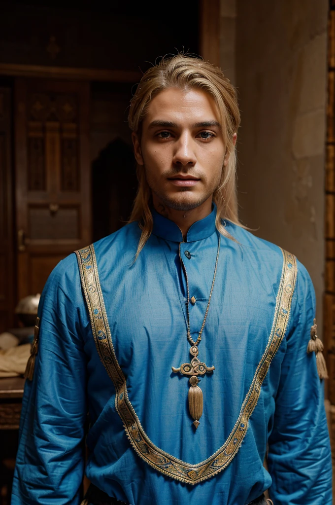 medieval  male, Arabic clothing, blue clothing, blond hair, uneven haircut, long hair, tattoos all over the body, rich clothing, detailed clothing, royal clothing, brown eyes, moles on the face, bright lighting, prince