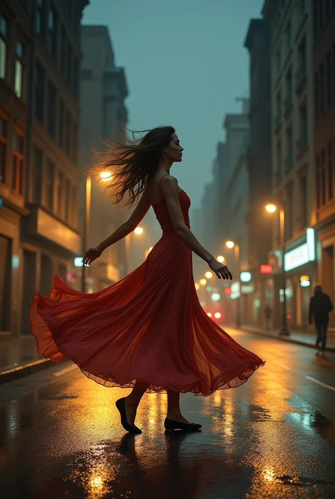 Woman in a dress dancing in the middle of the street at night, with several buildings around her.
