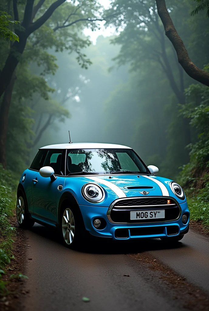 In perspective, a blue Mini Cooper from 2015 with a white roof on a street in the Bolivian Amazon , Illuminated amidst mist and shadows