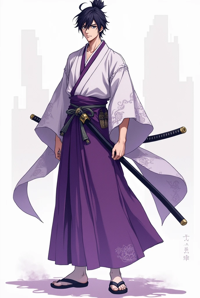 (illustrator) sketsa anime, samurai, kimono, blurple + white, front position, full body, boy, age 18