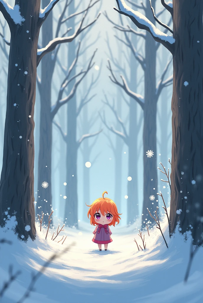 anime,, by the wide, Orange hair, small stature, purple eyes, snowy forest background