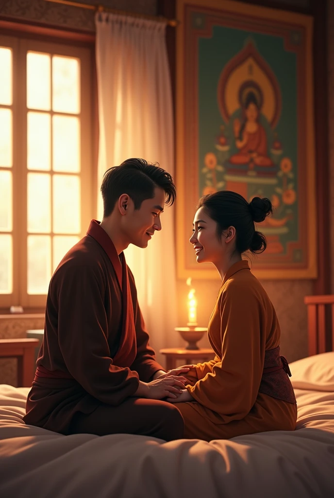 Bhutanese married couple talking while sitting on bed
