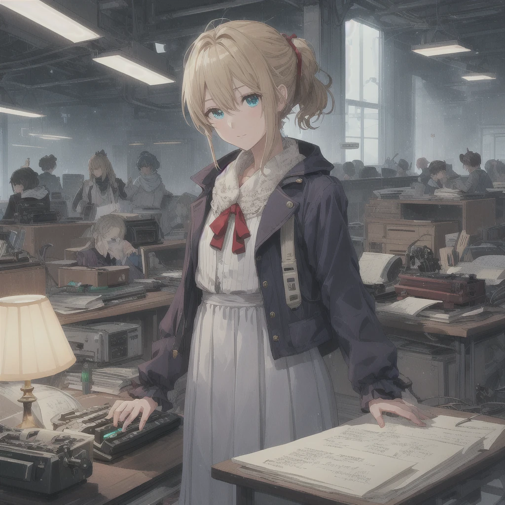 Detailed anime art depicting a girl with blond hair and blue eyes. Her hair is tied into a small ponytail with red ribbons. She has a beautiful and focused face. Instead of two hands, she has metal prostheses. She is dressed in a white dress with brown stripes and a blue jacket with long sleeves and light inserts on the shoulders in the fashion of the 1910s. She has a white lace scarf around her neck with a sparkling emerald pinned to it. The girl is standing in a spacious, bright office, her hands folded in front of her, near a red oak desk. On the desk lies a typewriter with a sheet of paper inserted. The atmosphere of the 1910s. The art is inspired by the anime "Violet Evergarden". mechanical hands