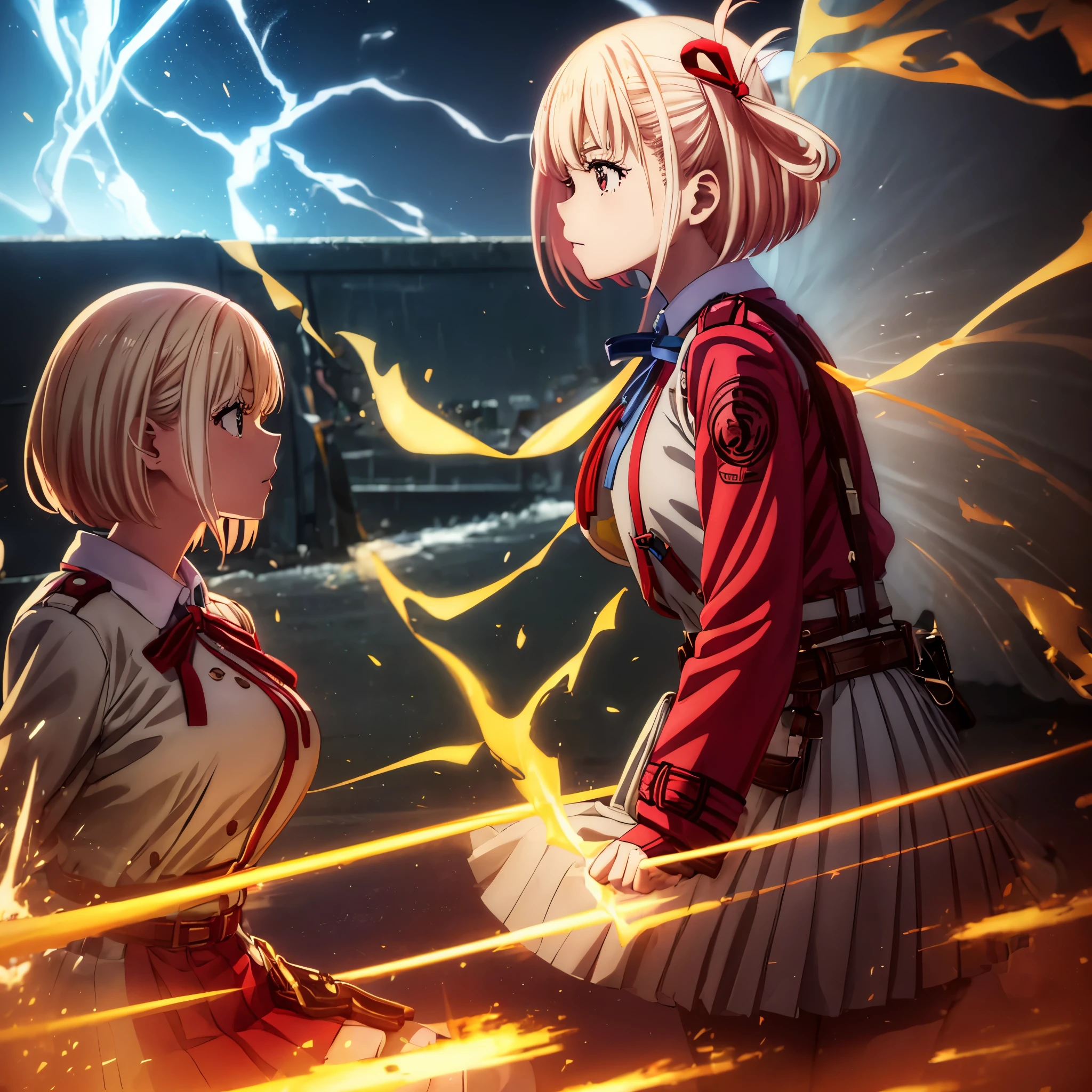 masterpiece, illustration, 8K, best quality, (((Chisato Nishikigi))),big breasts, ribbon,red_eyes,blond hair,short hair, hair _ribbon,, (lycoris uniform, two-tone dress, grey dress, pleated dress, belt, Red belt, neck ribbon, blue ribbon, long sleeves,) smile,bishoujo,beautiful detailed hair,beautiful detailed eyes,beautiful detailed skin,glistening shiny sparkling skin,4d cinema, unreal engine,depth of field, illustration,amazing、Girl shooting gun, (muzzle explodes), ((looks into sight)), closes one eye, finely drawn automatic rifle, bulletproof suit, (side view), syncs body orientation and gaze, one knee crouching, serious expression, tracer, (((burning city, war)))、(((crowd)))、(((jump)))