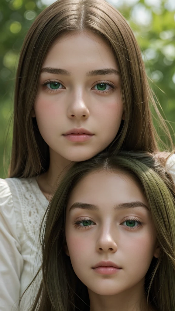 a girl. european. oval face. delicate features. long face. gentle features. half-closed eyes. green eyes. long, straight, very thick hair. green. sad. shy. scared