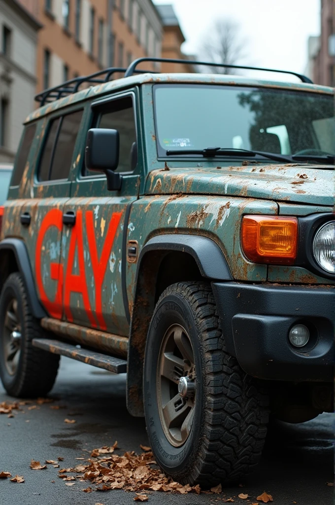 SUV with a vandal written “GAY”