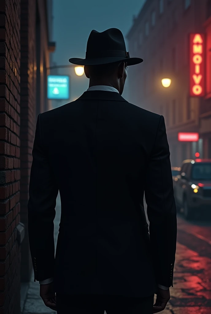 create a black guy with a hat and a black suit with red details. Make him turn his back and stay behind a street at night, with a sense of mystery