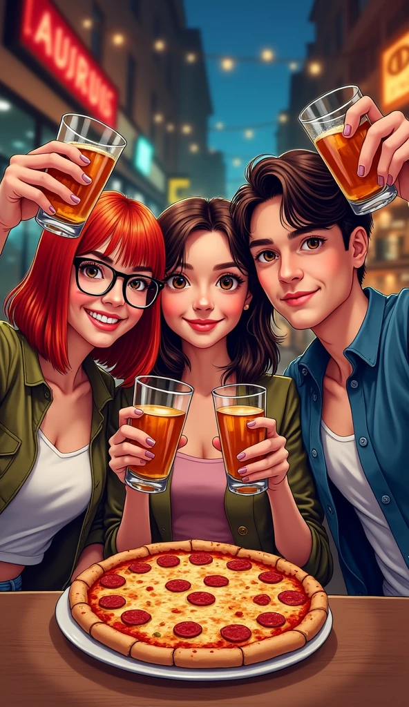 A group of three European friends is sitting in a bar and taking selfies, each with a glass of alcohol in their hands, and pizza on the table. First friend: a girl with straight red hair below the shoulders, brown eyes and round glasses. The second friend is a brunette girl with slightly curly hair below the shoulders and brown eyes without glasses. The third friend: a guy with a dark brown bob and brown eyes. Manga Style