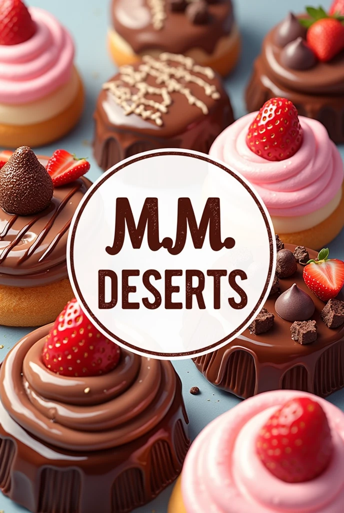 Write on the image "M.M DESERTS" along with illustrative drawings of various eye-catching desserts with strawberries and chocolate
