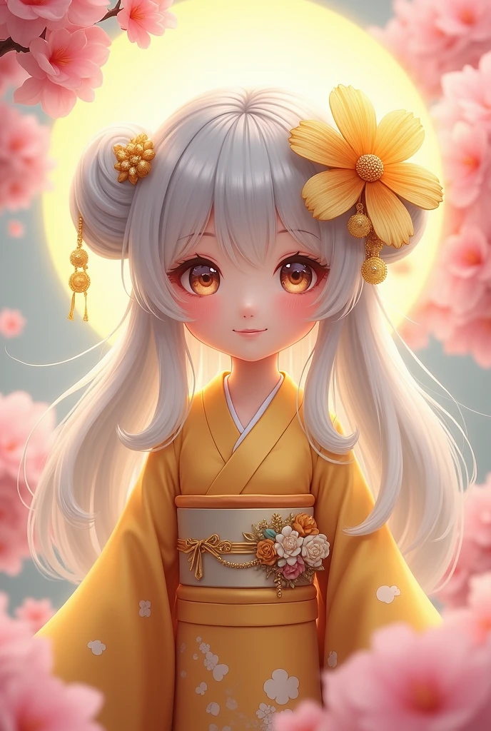 goddess child cute Japanese style Golden kimono Long Hair Silver Hair Gorgeous large flower hair ornament Golden halo Big eyes Pink flowers background Like a fairy Smiling