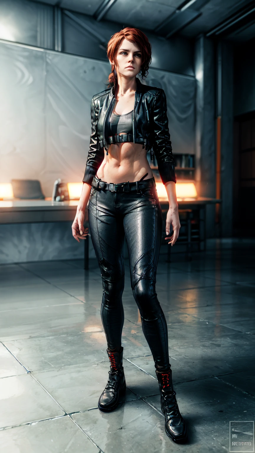 ((Courtney Hope)), red hair, asymmetrical hair, short ponytail, wavy hair, sidelocks, low ponytail, serious, Jesse Faden from video game "Control", Fitted Black motorcycle/bomber jacket 1/4 cropped, (tight, red micro bikini top under jacket), Skin tight black jeans, (strong glutes), matte black leather motorcycle boots, Slim but lightly toned build, Small bust, wide shot, from above, (looking over shoulder while turned 3/4s away from camera:1.3), UHD, 16k, best quality, anatomically correct, accurate face, masterpiece, (full body portrait), set in a dishevelled office interior with white brutalist design and white walls