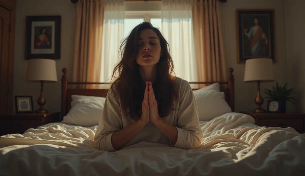 Realistic person praying in the bedroom.