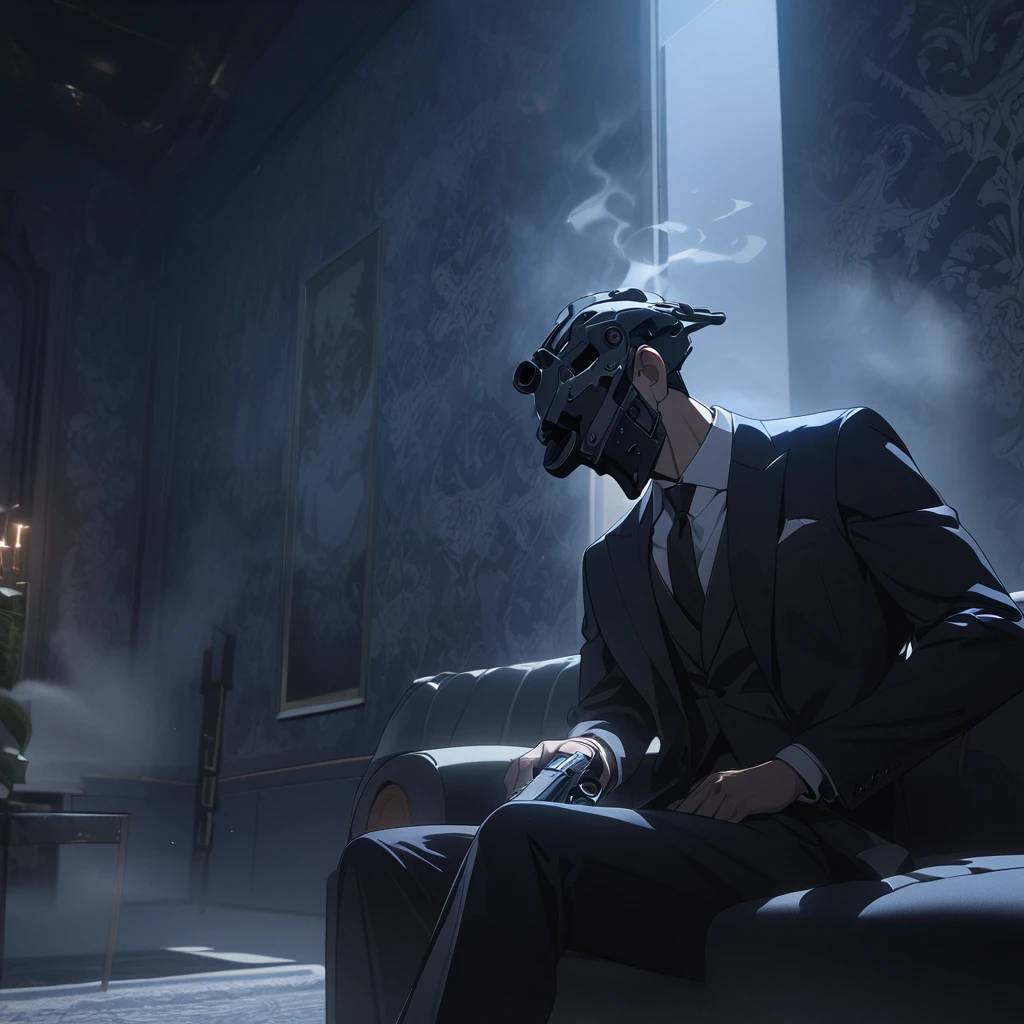 1man, masterpiece, strange head, couch, gun, pistol, smoke, formal clothes, suit, white shirt, gorgeous, no humans, cinematic, dramatic, contrast, night, fog, wallpaper, misteryous,