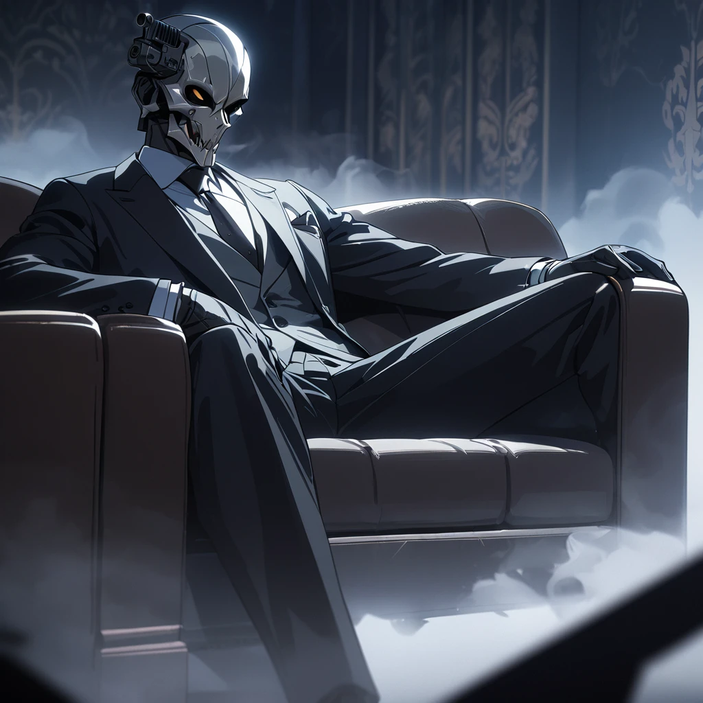 1man, masterpiece, strange head, couch, gun, pistol, smoke, formal clothes, suit, white shirt, gorgeous, no humans, cinematic, dramatic, contrast, night, fog, wallpaper, misteryous,