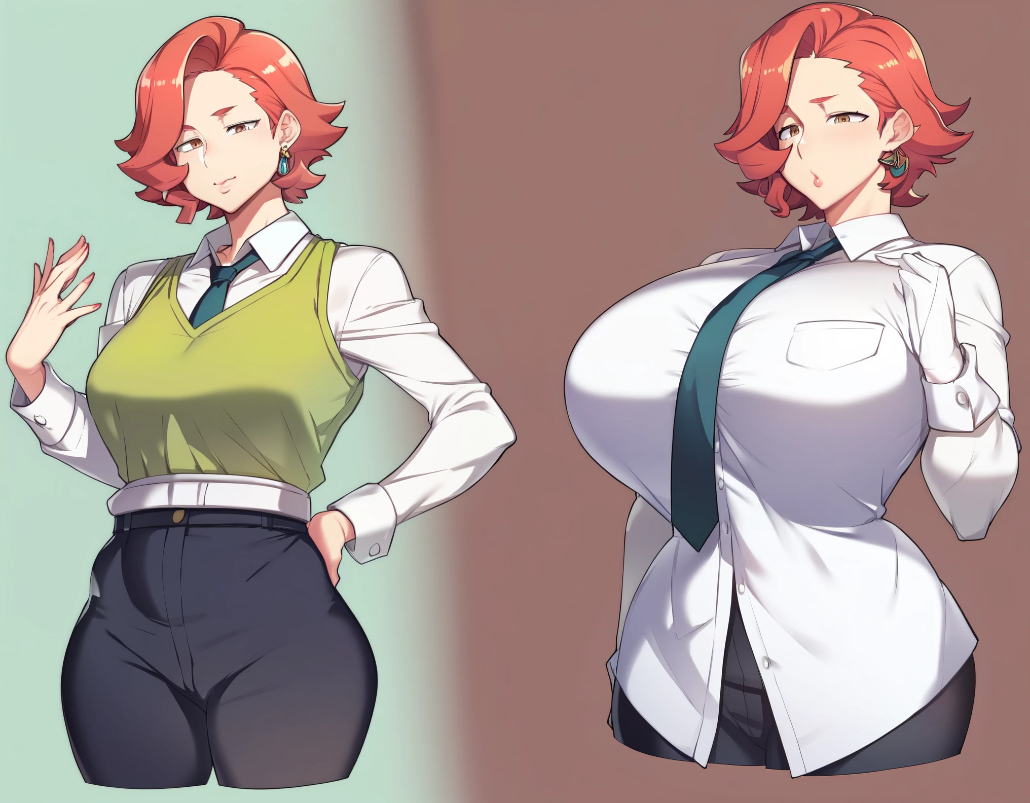 score_9, score_8_up, score_7_up, (breast expansion:1.2),multiple views, huge breasts,formal, necktie,black pants,  (SSP:1.1), white shirt, button gap, short red hair, freckles, lagre expressive brown eyes, green pleated shirt, chubbier body