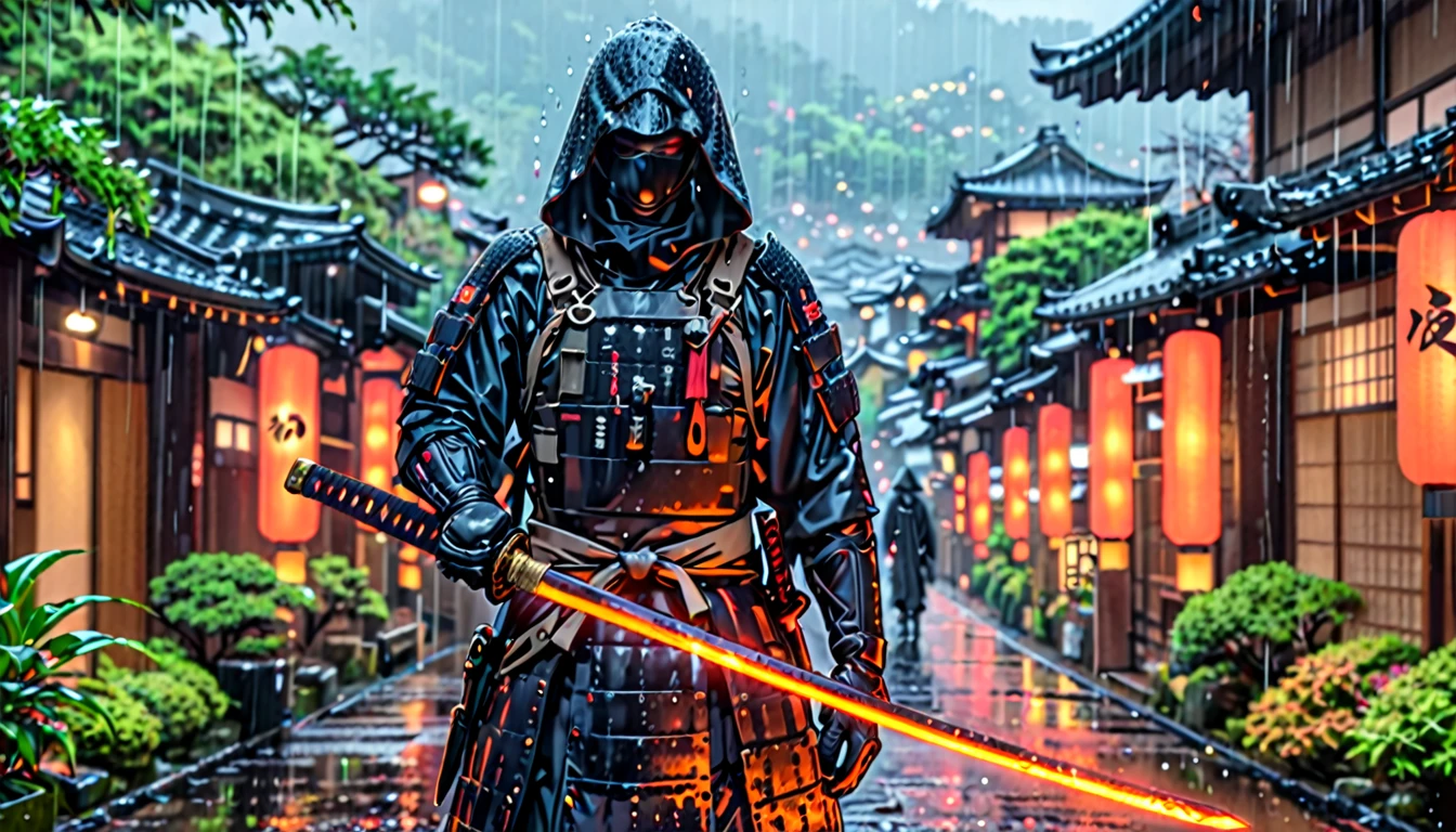 (work of art), (best qualityer), (hires), 1 man and 1 dragon on the side, male focus, standing alone, standing alone focus, A man in a dark combat suit, covering your entire body, with a hood and a black mask that covers him up to his nose and he has a Japanese katana in his hands, Kyoto background, rainy atmosphere, cyber enhancements, brown dark eyes, cowboy shot, complete fingers, black gloves, matching boots.