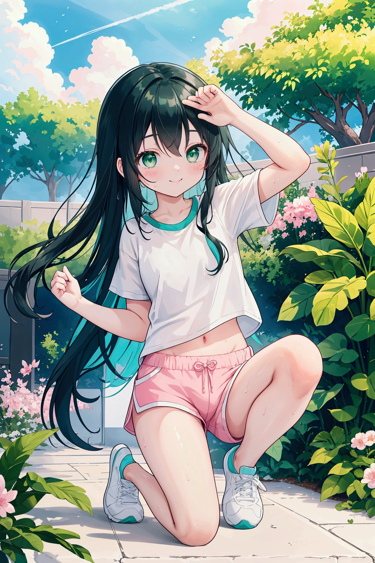 Highest quality,Unity 8k wallpaper,1peopleの,1people,,Glamorous Body,cute,smile,Emerald green eyes,Black Hair,long hair,Whole body,front,White T-shirt,Pink shorts,Radio gymnastics,sports,Aqua blue training shoes,Sweaty,Summer atmosphere,Wide々and garden,