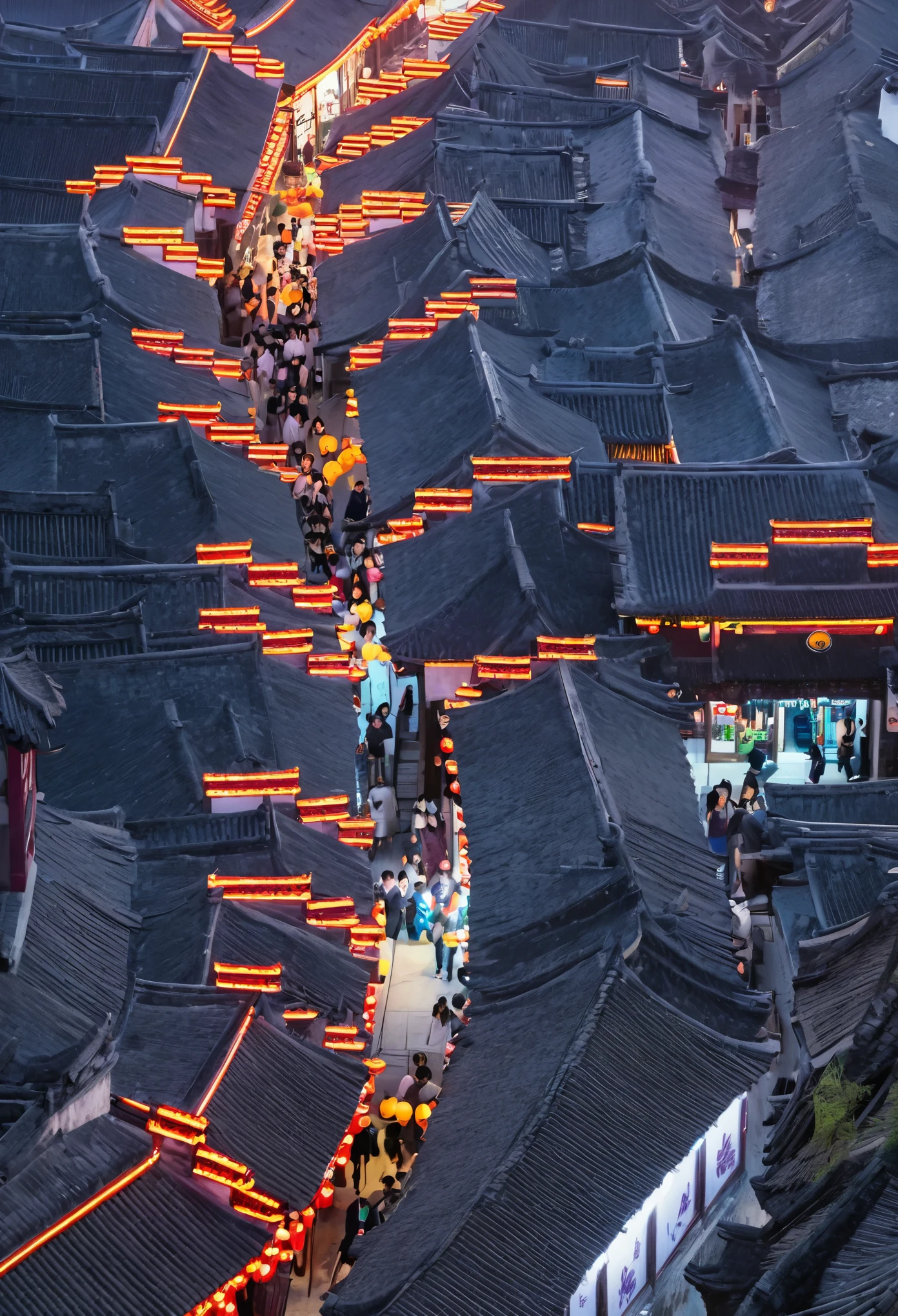 A long line of people walk along the street,Viewed from a distance, Dreamy Chinatown, China Village, ancient Chinese Architecture, zhouzhuang ancient town, Chinese Architecture, Watch from above, Lit from above, Street lights shine, Street lights glow, Busy Street, night, like jiufen, Evening lanterns, emphasize, street top view,Ancient West Jin Ferry Street in Zhenjiang, Jiangsu, China,Detailed Details,Best quality,Perfect color matching,Cinematic atmosphere,Masterpieces shot by international photography masters,National Geographic Photography Award Winners