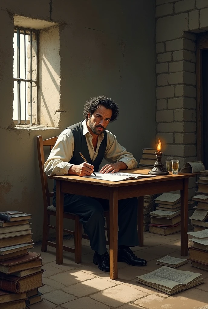 Create an illustration of Antonio Gramsci sitting in a prison cell. He is concentrated, writing with a pen in a notebook or sheets of paper on a small wooden table. It's simple and austere, with stone or brick walls and a small barred window. Add details like a candle or a small lamp, perhaps piles of books and papers around. Gramsci should be dressed in simple and modest clothes, and his expression should reflect determination and reflection. Include additional elements like a glass of water or a simple plate to reinforce the prison setting.