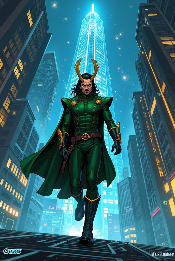 brilliant colors Storyboard modern style comics books Story board of Luki Loki slipped through the formidable defenses of Avengers Tower Disguised as a low-level Asgardian technician, dodged the watchful eyes of JARVIS, and even managed to charm a particularly inquisitive security guard, The target was a small, innocuous-looking server in Stark's private lab.